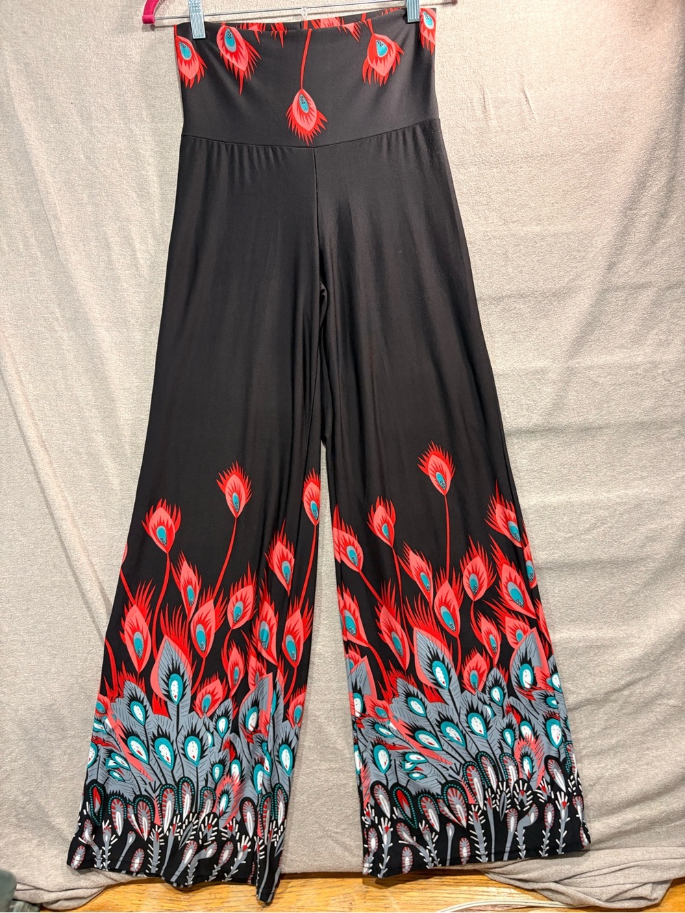 Beautiful Wide-Leg Black Palazzo Pants with Red & Teal Peacock Print. 31” inseam